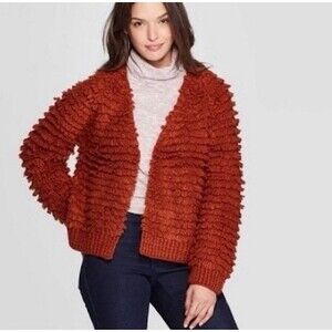 Women's Universal Thread Open Loopy Knit Cardigan Wool Blend Rust Medium Shaggy